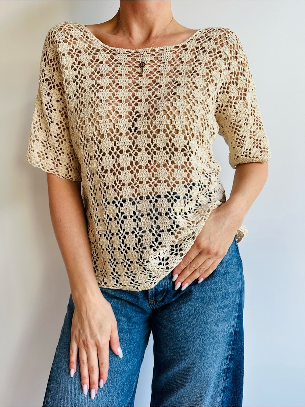 Handmade Crochet Lace Boho Beige Open Knit Sweater Blouse Top Cream